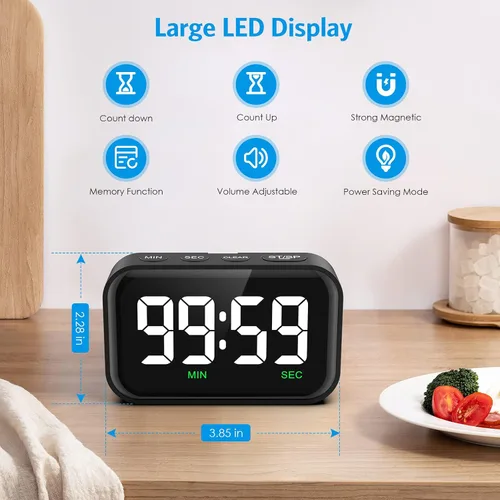 Vista 4 de Temporizador digital de cocina, temporizador digital con pantalla LED grande, temporizador magnético para el aula con cuenta regresiva, 3 niveles