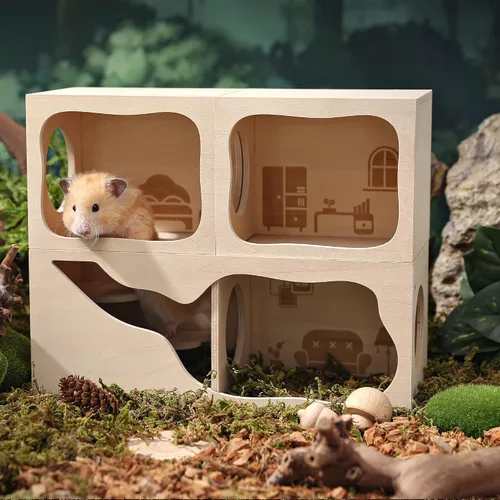 Vista 6 de Casa de madera para hámster, túnel de hábitat para mascotas