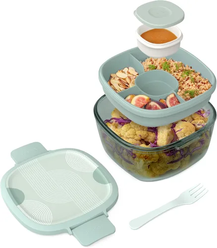 Vista 21 de Bentgo Recipiente de Ensalada de Vidrio Todo en Uno - Ensaladera Grande de 61 oz con Tapa, Bandeja Estilo Bento de 4 Compartimentos, Recipiente