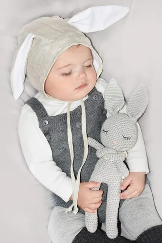 Vista 3 de Gorro de conejo para bebé, estilo vintage, algodón, lino, con orejas de conejo de terciopelo, sombrero de Pascua