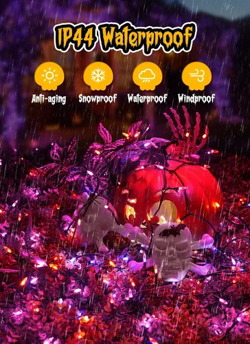 Vista 4 de Luces de Halloween naranja púrpura para exteriores, 17.8 pies, 50 luces LED de Navidad con 8 modos, mini tira de luces impermeables a pilas para uso