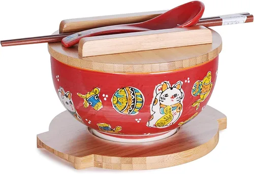 Vista 9 de Happy Sales HSKM-CHRYB8, juego de tazón para ramen, fideos de arroz estilo vintage japonés Kamameshi con tapa de bambú, esterilla, palillos