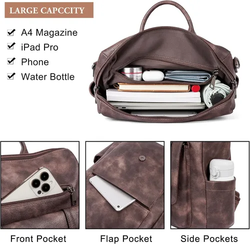 Vista 4 de CLUCI Mochila de cuero para mujer, mochila grande de viaje, a la moda, convertible, diseñador, trabajo, bolsos de hombro, 4 Marrón oscuro, Mochilas