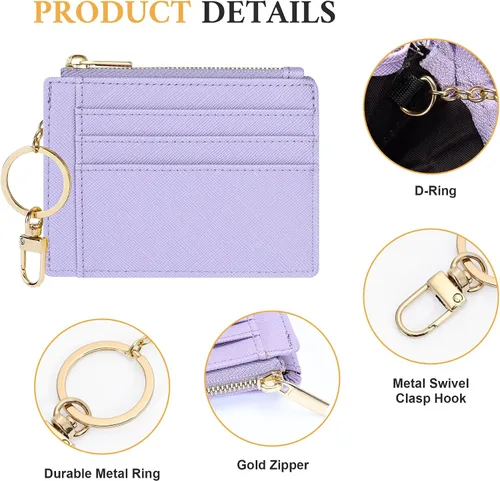 Vista 3 de Sodsay Estuche para tarjetas, cartera delgada con bolsillo frontal, para mujer, sujetatarjetas con llavero