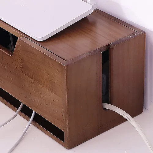 Vista 3 de Caja de organización de cables, caja de almacenamiento de alambre de madera, estante de enrutador de escritorio, organizador de cables grande