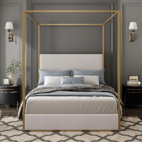 Vista 3 de Cama de Plataforma con Dosel de 4 Postes de Lujo Moderna Tamaño Queen con Cabecera Alta Tapizada en Terciopelo, Marco de Cama de Plataforma
