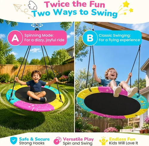 Vista 3 de Columpio de árbol, columpio de platillo de 43 pulgadas/48 pulgadas para niños y adultos, juegos de columpios aprobados por ASTM con capacidad