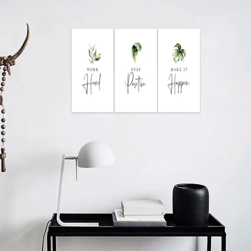 Vista 4 de Arte de pared inspirador de 3 piezas, imagen de refranes de plantas blancas, citas de trabajo y estadía, impresiones en lienzo para decoración