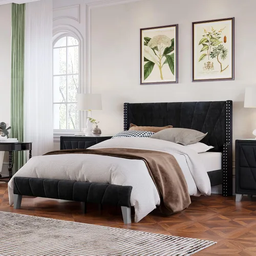 Vista 3 de Marco de cama tapizado de terciopelo contemporáneo con acolchado de canal y ribete de cabeza de clavos, no necesita somier (negro, matrimonial)
