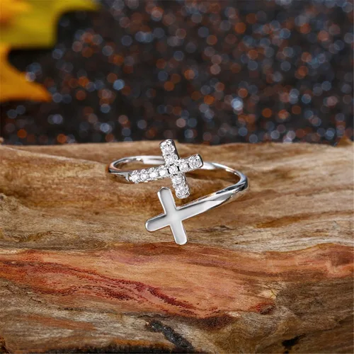 Vista 4 de CANEER Anillo de plata de ley 925 con cruz de fe cristiana para mujer joyería inspiradora delicada de Pascua para adolescentes Metal no precioso