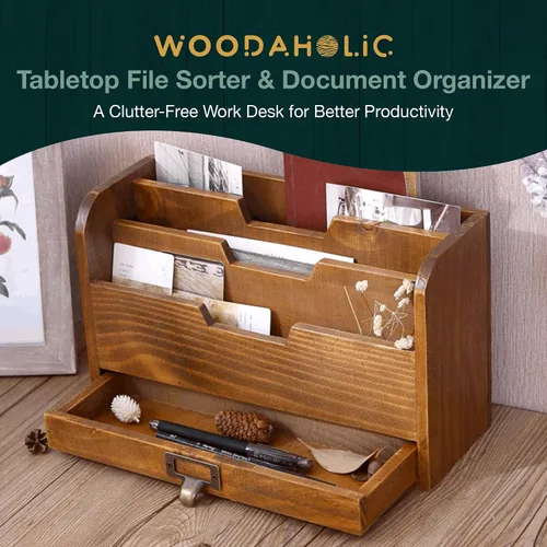 Vista 2 de Organizador de escritorio de madera rústica, clasificador de archivos vertical con 3 compartimentos y 1 cajón de bandeja de papel, madera de caoba