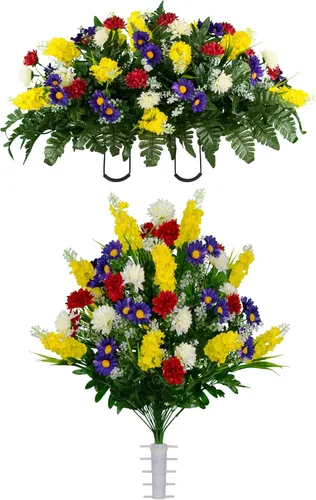 Vista 23 de Sympathy Silks Flores artificiales para cementerios – Decoraciones para tumbas - 1 ramo de flores silvestres de violeta púrpura y naranja, 1 montura