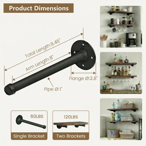 Vista 3 de Soportes industriales de tubo de hierro negro para estantes de montaje en pared, soportes para estanterías de bricolaje, decoración de tubería