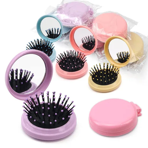 Vista 7 de Paquete de 10 mini cepillos de pelo plegables de viaje con espejo, cepillos Negro