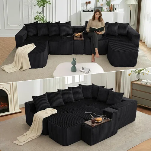 Vista 12 de Sofá seccional de 137.5 pulgadas, sofás modulares sin hueso para sala de estar, cómodo sofá de pana de felpa de asiento profundo, moderno sofá