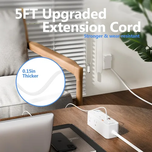 Vista 3 de Regleta protectora contra sobretensiones con cable de extensión plano, cubierta de tomacorriente, 6 salidas de CA