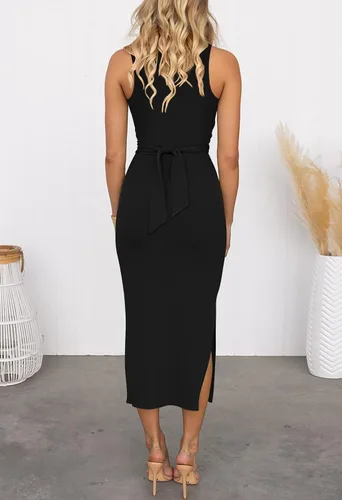 Vista 9 de HUUSA Vestido sexy sin mangas para mujer, ajustado, ajustado, cuello redondo, entrecruzado, fruncido, con abertura, de punto acanalado, vestido midi