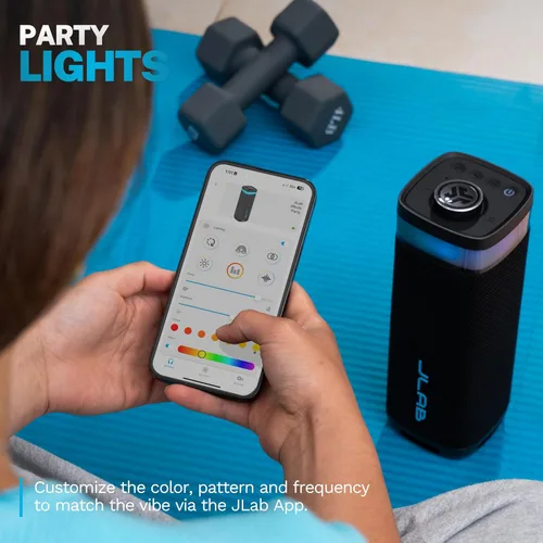 Vista 3 de JLab JBuds Party - Altavoz Bluetooth Portátil, 2 Controladores de Rango Completo + 2 Woofers Pasivos, IP56 Resistente al Agua, 12 Horas de Negro