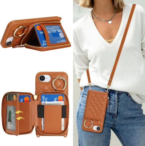 Vista 10 de Funda tipo cartera para iPhone 17e/16e, diseño de leopardo negro Funda de piel sintética con cremallera para bolso, funda con función atril
