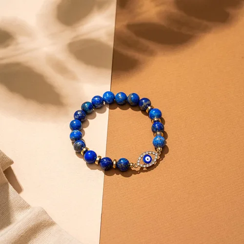 Vista 2 de VIBE MOOD ENERGY - Pulsera de protección Pulsera de cuentas de lapislázuli con dije contra el mal de ojo Pulsera de triple protección para aliviar