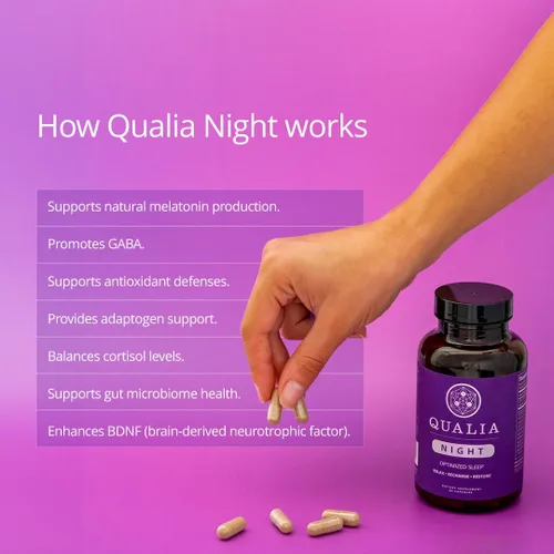 Vista 6 de Qualia Night Sleep Aid Formación sin hábito Suplemento respaldado por la ciencia para un sueño refrescante profundo Sin melatonina, vegano