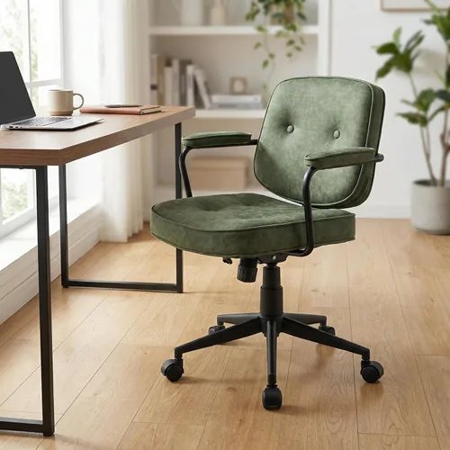 Vista 13 de LukeAlon Silla de escritorio ajustable de piel sintética, silla giratoria de 360° negra con reposabrazos, asiento grueso, botones y ruedas