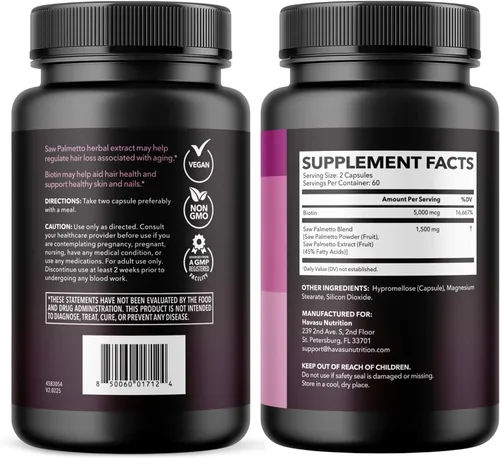 Vista 10 de Palma Enana para Mujeres con Biotina 5000 mcg - Potente Bloqueador de DHT para Apoyar la Salud del Cabello, la Piel y las Uñas - 120
