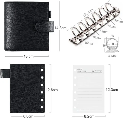 Vista 6 de Moterm Planificador de Anillos de Lujo de Bolsillo - Organizador de Carpeta de Cuero Genuino (Pebble-Negro, Argolla de 1.18 pulgadas (30 mm))
