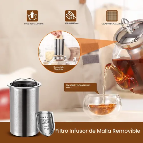 Vista 3 de HIWARE Tetera de vidrio de 33.8 fl oz con infusor extraíble, hervidor de té seguro para estufa, juego de té de hojas sueltas y florecientes
