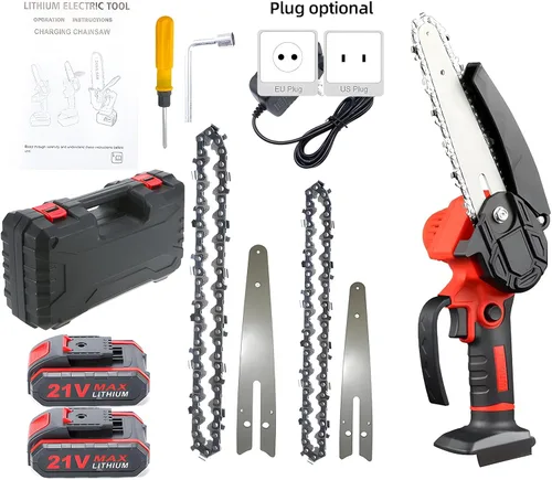 Vista 9 de Mini motosierra eléctrica portátil de 4 pulgadas y 6 pulgadas inalámbrica con 2 cadenas, 2 baterías, tijeras de podar de mano para ramas de árboles