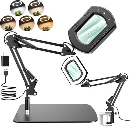 Vista 8 de Lupa de 15X 30X con luz y soporte, lámpara de escritorio LED con base y abrazadera, 5 modos de color, 10 niveles regulables, lupa manos libres