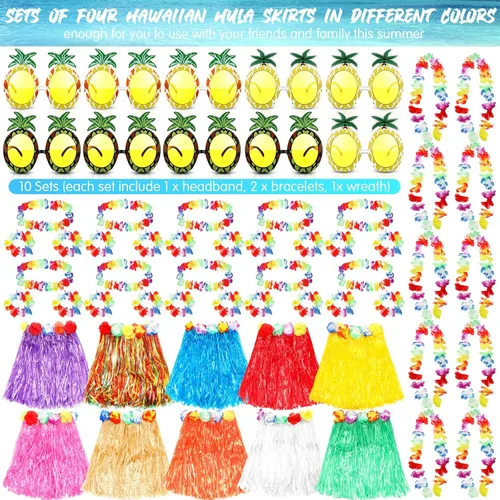 Vista 2 de Paquete de 10 accesorios de disfraz de falda hula hawaiana, faldas de hierba hawaiana para fiesta Luau, diadema hawaiana, flores, collar, pulseras