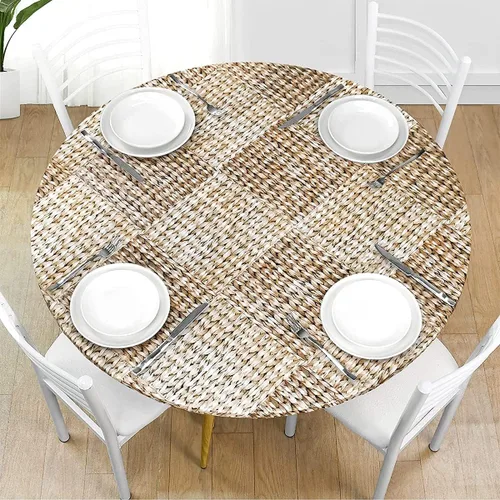 Vista 7 de Mantel redondo de vinilo de plástico ajustable con parte trasera de franela y borde elástico, protector de mesa impermeable para mesa de comedor