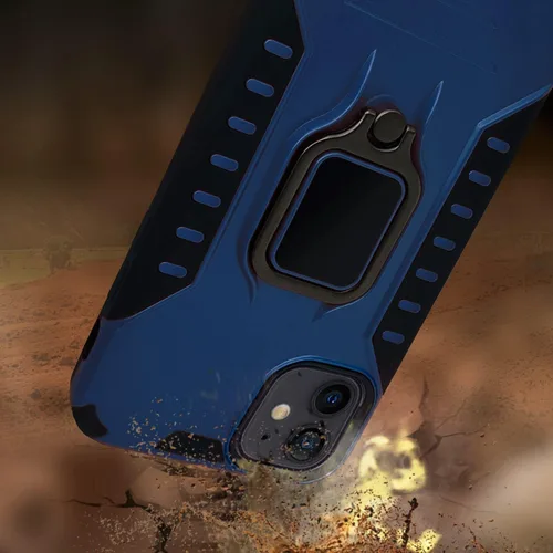 Vista 6 de MODOS LOGICOS Funda para iPhone 12 / iPhone 12 Pro de 6.1 pulgadas, 2 capas a prueba de golpes con soporte de anillo giratorio de metal 360 Azul