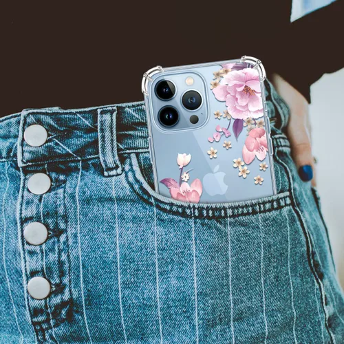 Vista 7 de Funda con diseño de patrón de flores para iPhone 13 Pro Max [con protector de pantalla], funda transparente floral para teléfono de mujer a prueba