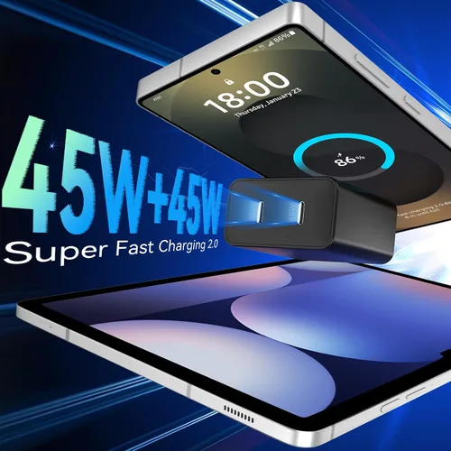 Vista 2 de Cargador súper rápido de 45 W, 2 puertos tipo C, carga rápida, cable USB C de 6.6 pies con bloque de cargador de teléfono Android para Samsung