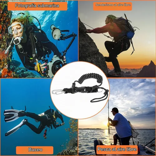 Vista 7 de Cordón de buceo, clip de acero inoxidable con resorte en espiral con correa de cincha, hebilla de liberación rápida, ideal para buceo, linternas