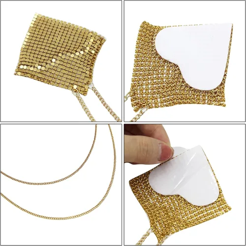 Vista 3 de MINGSEECESS Cubierta adhesiva reutilizable para pezón, almohadillas de silicona de metal dorado, forma cuadrada, sujetador con borla dorado