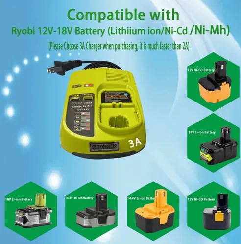 Vista 4 de Reemplaza el cargador de batería de 18 V ryobi P117 P118 P119 Química dual para cargar la batería Ryobi de iones de litio y Ni-cad Ni-Mh 12V 14.4V
