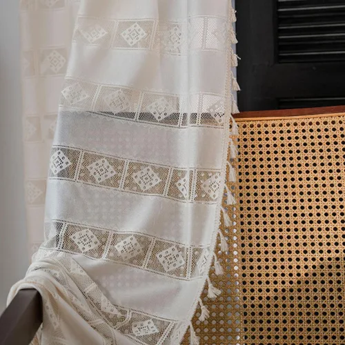 Vista 4 de vctops Panel de cortina de encaje de ganchillo de algodón con borlas y bolsillo para barra, cortinas huecas semitransparentes para dormitorio, sala