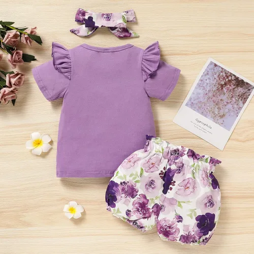 Vista 2 de Trajes florales para niñas y niñas, promovido a hermana mayor, camisa de manga corta + pantalones cortos con lazo floral + diadema, 3 piezas de ropa