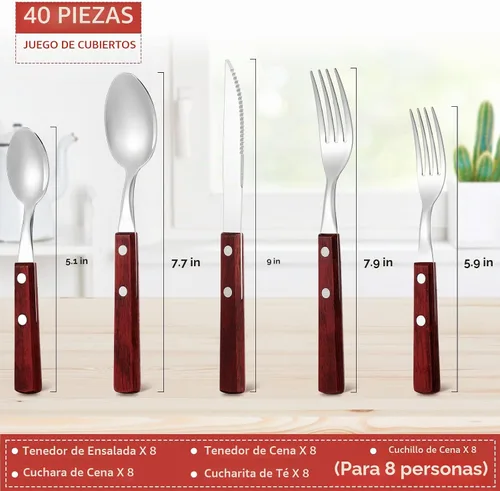 Vista 2 de Juego de cubiertos con mango de madera, 40 piezas, mango de nogal, 18/8 (304), acero inoxidable, mango de madera, cuchillo, tenedor, cuchara