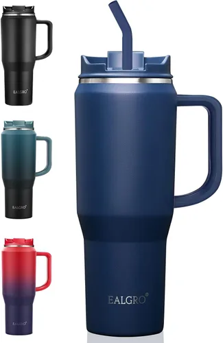 Vista 22 de EALGRO Botella de agua aislada de 40 onzas con popote y asa, frasco de agua deportivo de metal grande, taza de café de viaje de acero inoxidable