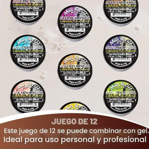 Vista 7 de Polvo acrílico para arte de uñas, colección carnaval: 12 colores diferentes. De Mia Secret