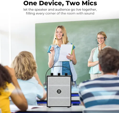 Vista 6 de Amplificador de voz de 50W con 2 micrófonos con auriculares, micrófono con altavoz, sistema de sonido portátil con micrófono, altavoz Bluetooth