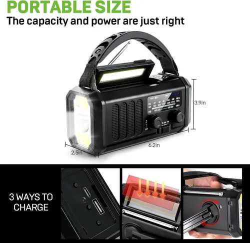 Vista 7 de Radio de emergencia con manivela de 10000 mAh, radio meteorológica NOAA con radio AM/FM y solar, batería recargable, linterna y luz de lectura