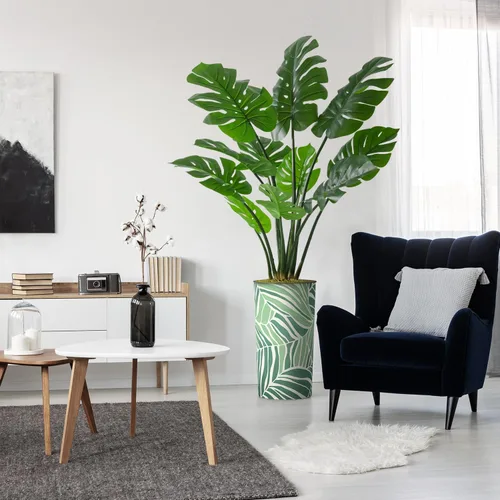 Vista 17 de Árbol artificial en macetero con diseño de hojas verdes, palmera tropical areca artificial de seda para decoración del hogar en interiores