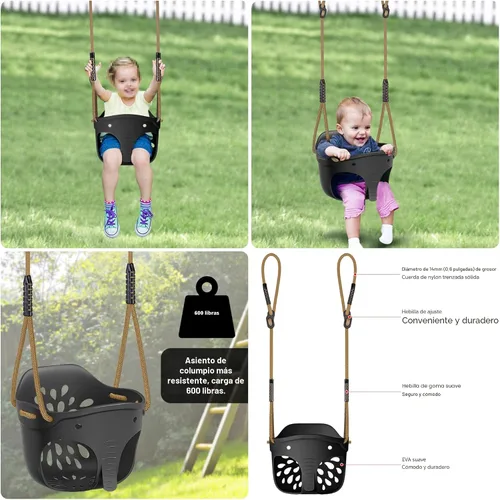 Vista 5 de SELEWARE Asiento de columpio para niños pequeños con respaldo alto de cubeta completa de servicio pesado con mosquetones de bloqueo y cuerda