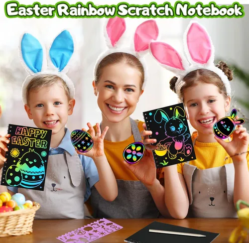 Vista 8 de Recuerdos de fiesta para niños: paquete de 4 cuadernos de arte de rascar arcoíris para estudiantes, regalos a granel para aula para niñas y niños