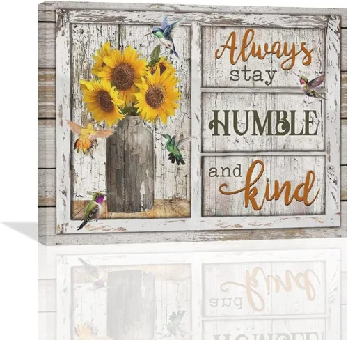 Vista 9 de Arte de pared motivacional, diseño rústico de girasol, colibrí, decoración de pared de baño, con citas inspiradoras "Always Stay Humild" y Kind